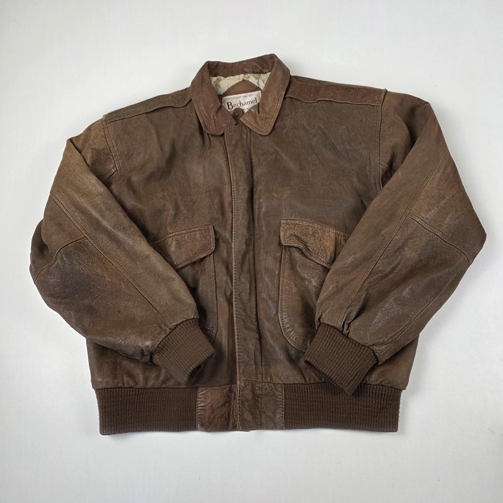 Vintage Bechamel Jacket Mens Medium Brown Leather Bomber Flight Map Lining 80s